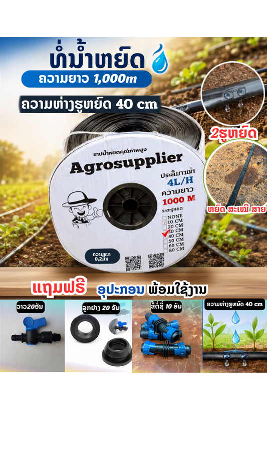 ທໍ່ນ້ຳຫຍົດ 1,000ມ 2ຮູ ຫ່າງ 40cm