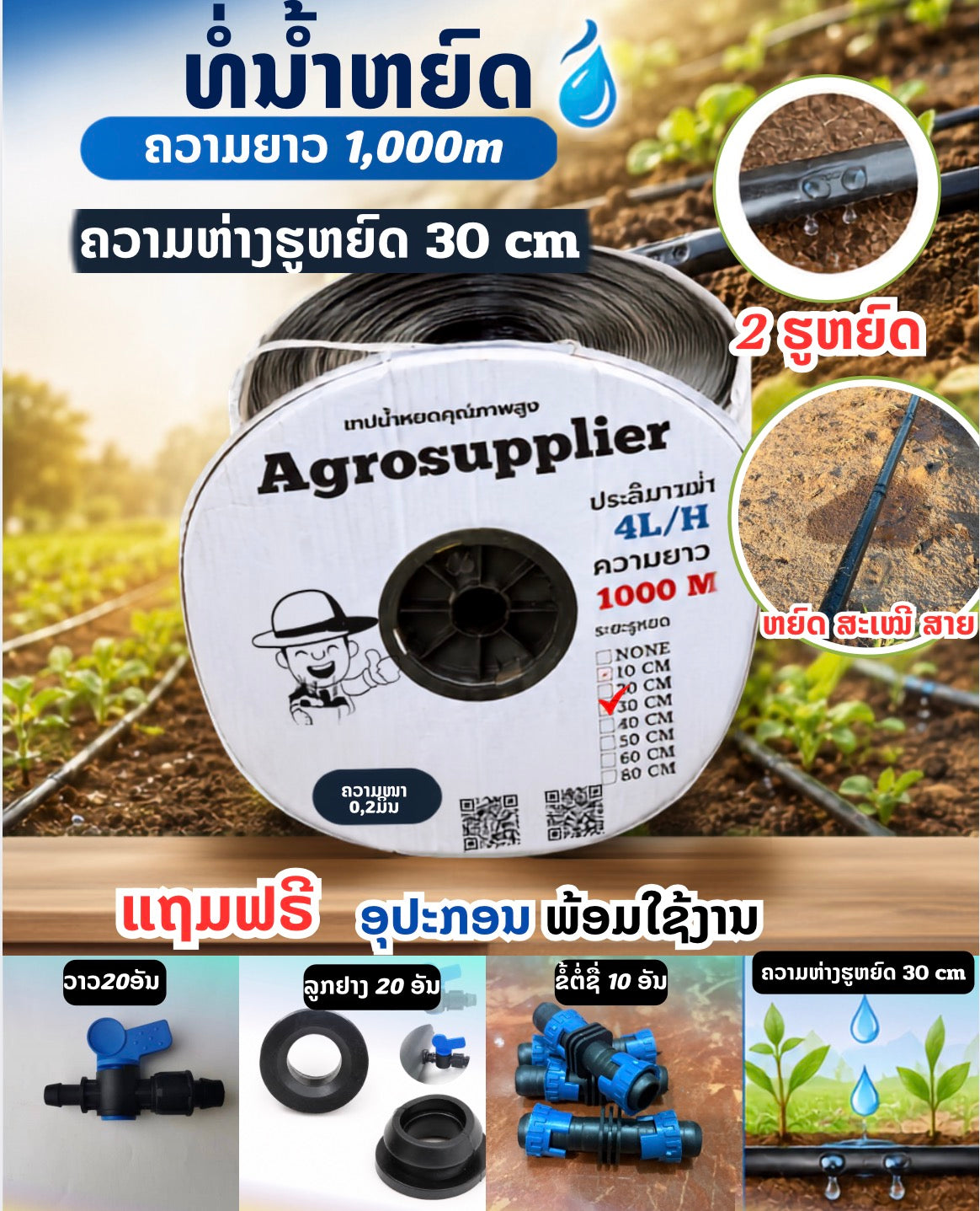 ທໍ່ນ້ຳຫຍົດ 1,000m 2ຮູ ຫ່າງ 30cm